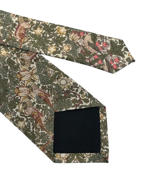 William Morris style green strawberry thief English garden wildflower design tie