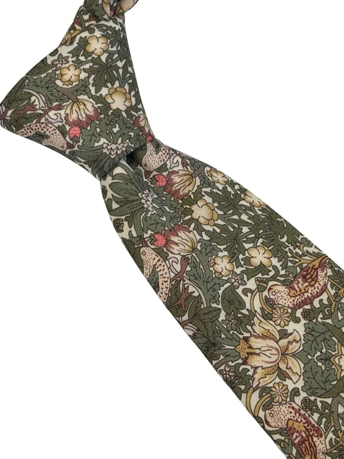 William Morris style green strawberry thief English garden wildflower design tie