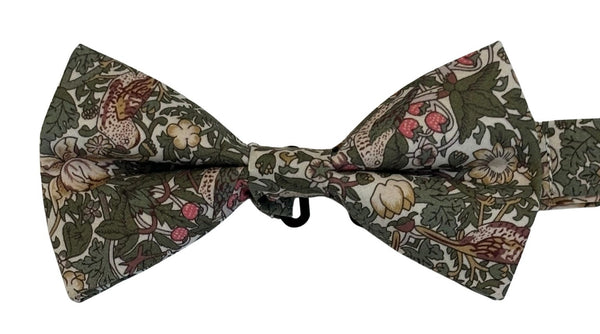 William Morris style green strawberry thief English garden wildflower design adult bow tie