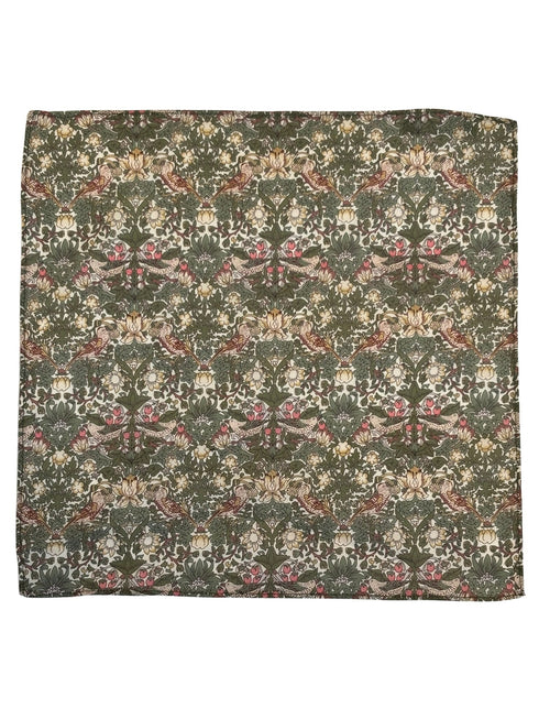 William Morris style green strawberry thief English garden wildflower design pocket square