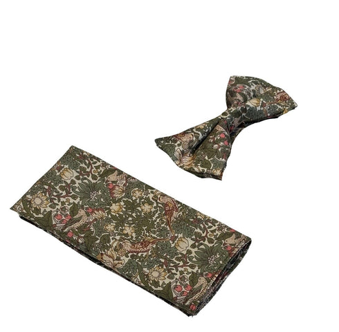 William Morris style green strawberry thief English garden wildflower design adult bow tie and matching pocket square