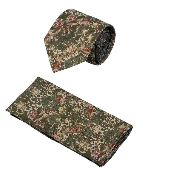 William Morris style green strawberry thief English garden wildflower design tie and matching pocket square