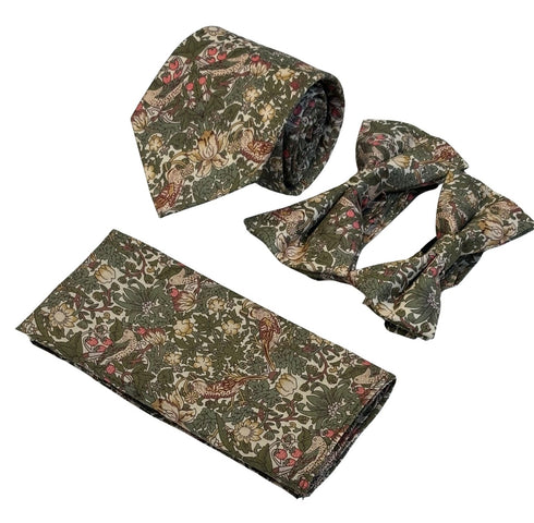 William Morris style green strawberry thief English garden wildflower design pocket square