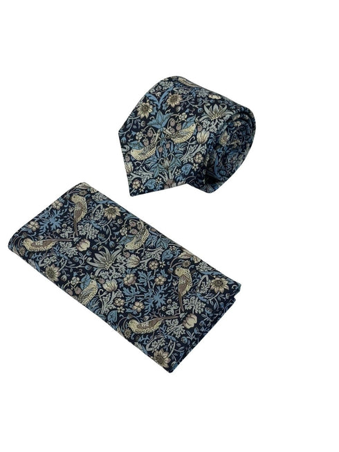 william morris liberty style blue strawberry thief english garden wildflower design tie and matching pocket square