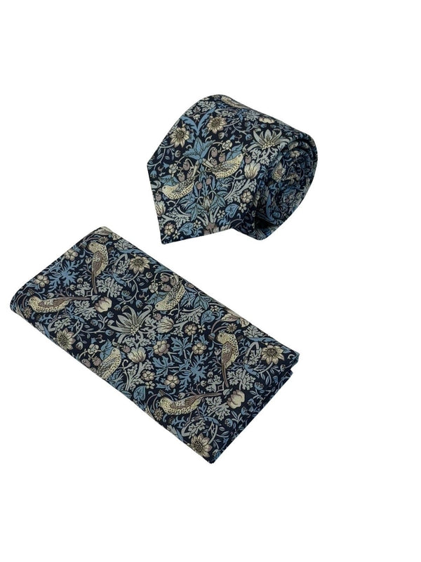 william morris liberty style blue strawberry thief english garden wildflower design tie and matching pocket square