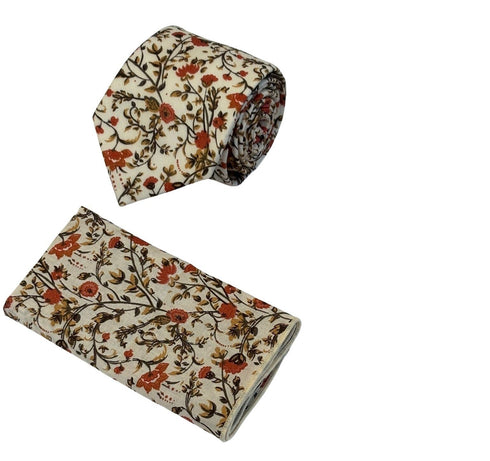 Liberty style red climbing English wildflower design tie and matching pocket square