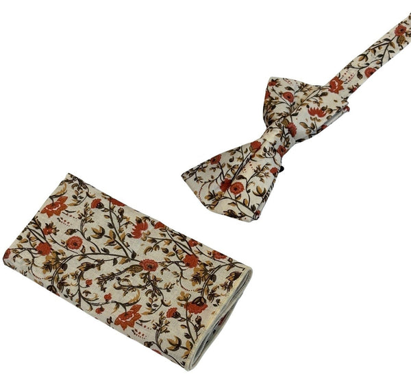 Liberty style red climbing English wildflower design adult bow tie and matching pocket square