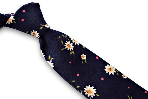 navy tie with daisy floral cotton design