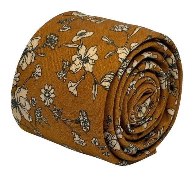 ochre yellow honey gold cotton tie with floral design