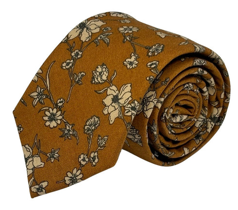 ochre yellow honey gold cotton tie with floral design