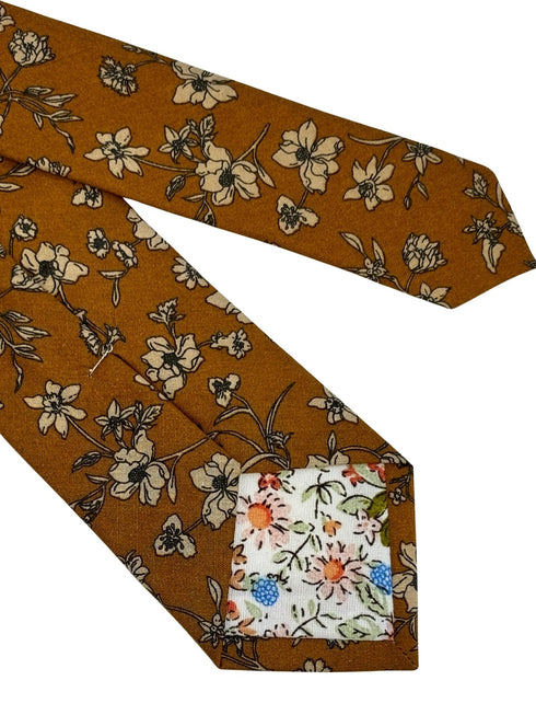 ochre yellow honey gold cotton tie with floral design