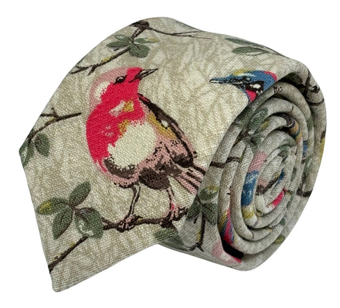 grey greige floral cotton tie with bird robin bluetit design