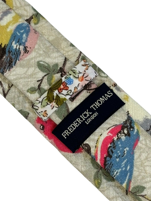 grey greige floral cotton tie with bird robin bluetit design