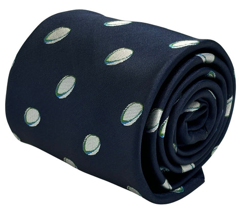navy dark blue men's tie with rugby ball design