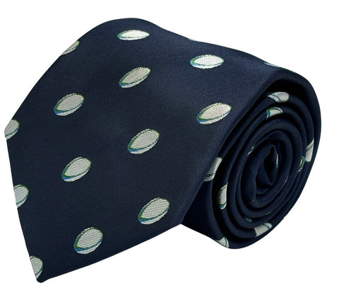 navy dark blue men's tie with rugby ball design
