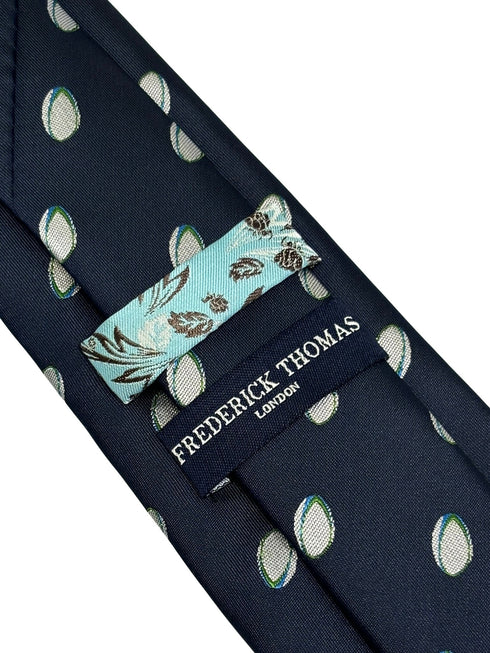 navy dark blue men's tie with rugby ball design