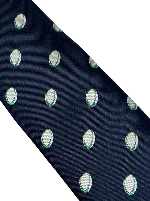 navy dark blue men's tie with rugby ball design