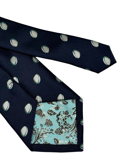 navy dark blue men's tie with rugby ball design