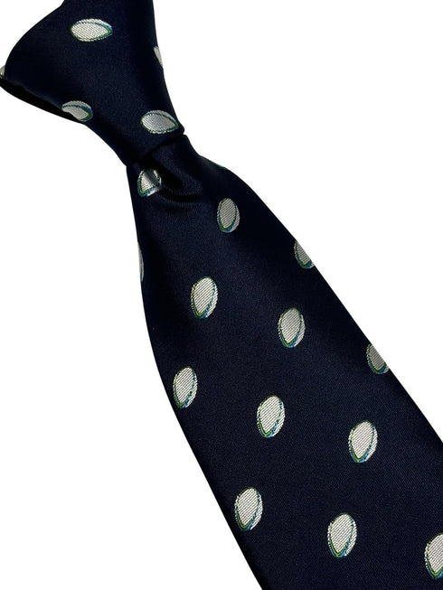 navy dark blue men's tie with rugby ball design