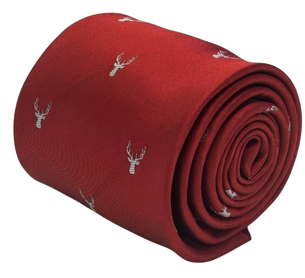dark red tie with an embroidered deer head design
