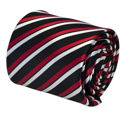 red, black and white striped tie
