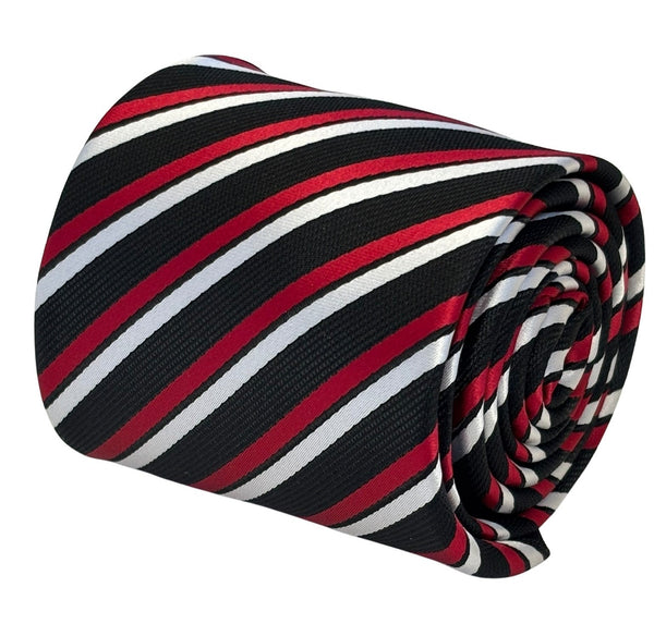 red, black and white striped tie