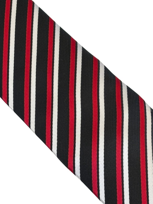 red, black and white striped tie