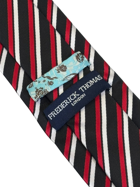 red, black and white striped tie