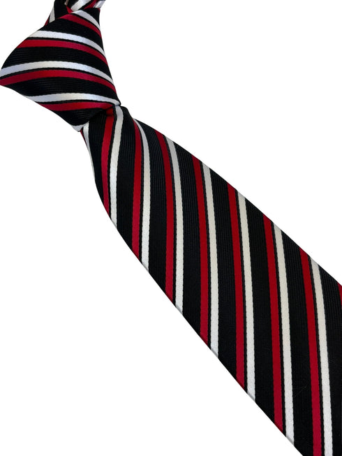 red, black and white striped tie