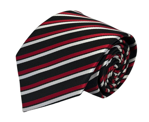 red, black and white striped tie