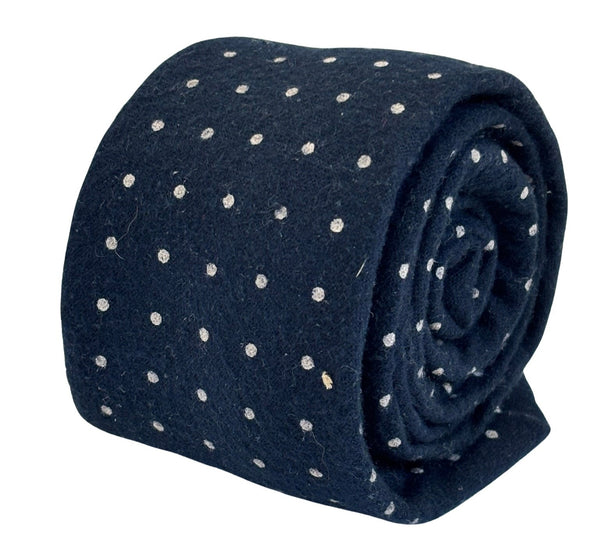 navy wool tie with white geometric pin spots