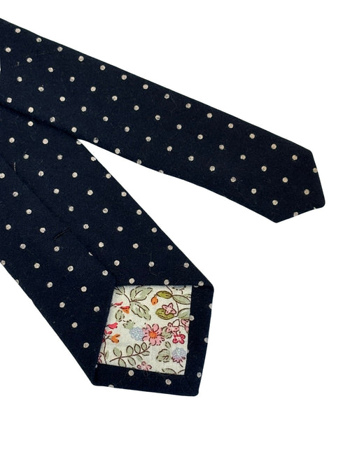 navy wool tie with white geometric pin spots