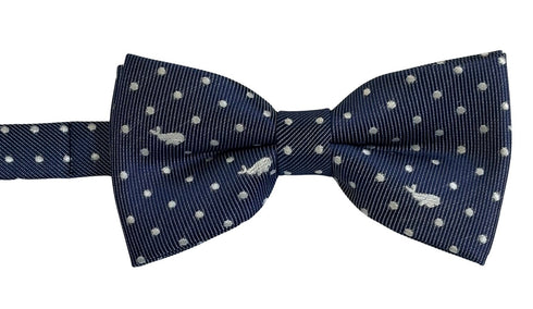 dark blue navy adult bow tie with white whale design