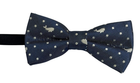 dark blue navy child's bow tie with white whale design