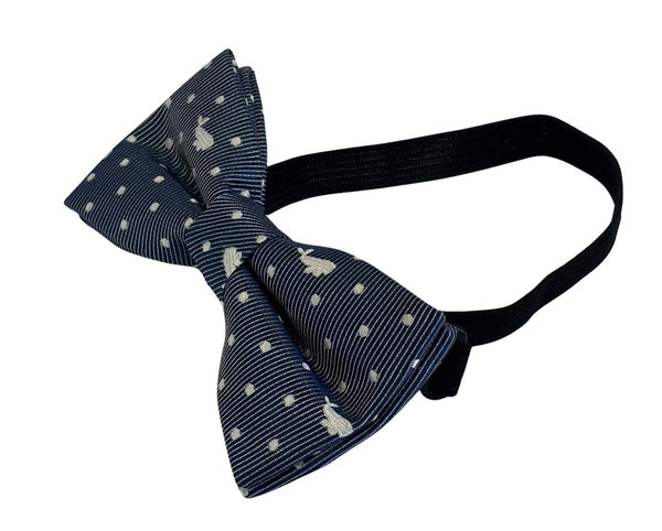 dark blue navy child's bow tie with white whale design