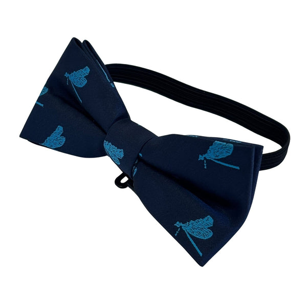 child's navy dark blue bow tie with blue dragonfly design
