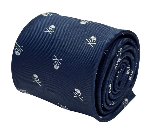 navy blue tie with white skull and crossbone design