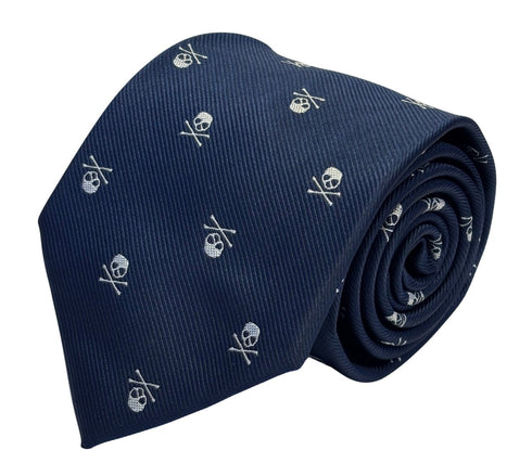 navy blue tie with white skull and crossbone design
