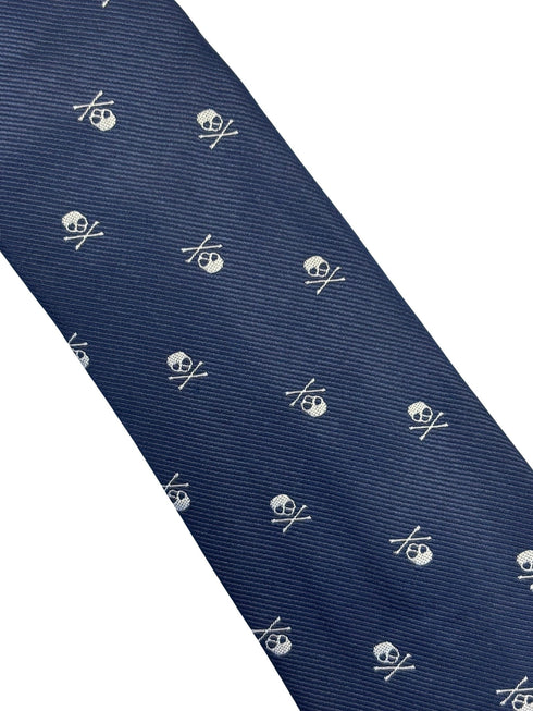 navy blue tie with white skull and crossbone design