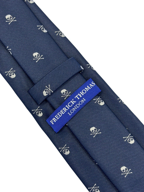 navy blue tie with white skull and crossbone design