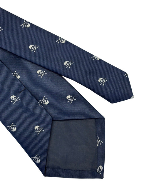 navy blue tie with white skull and crossbone design
