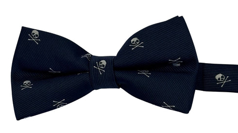 navy bow tie with white blue skull and crossbone design