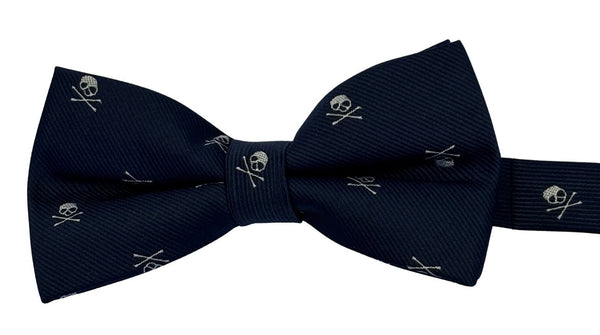navy bow tie with white blue skull and crossbone design