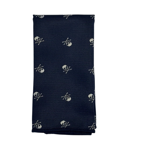 matching navy bow tie and pocket square with white skull and crossbone design