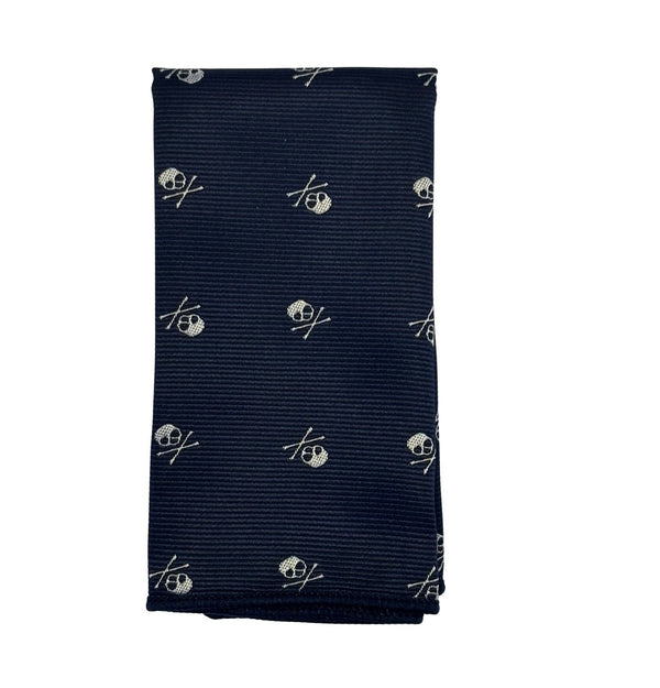 navy blue pocket square with white skull and crossbone design