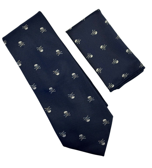 navy blue pocket square with white skull and crossbone design