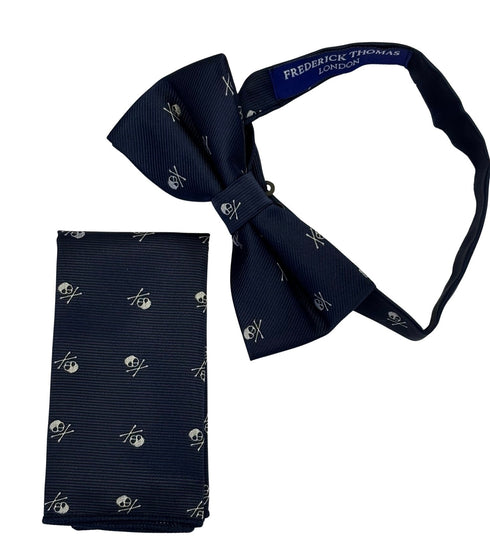 navy blue pocket square with white skull and crossbone design
