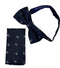 matching navy bow tie and pocket square with white skull and crossbone design