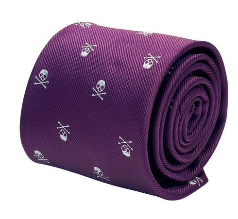purple tie with white skull and crossbone design