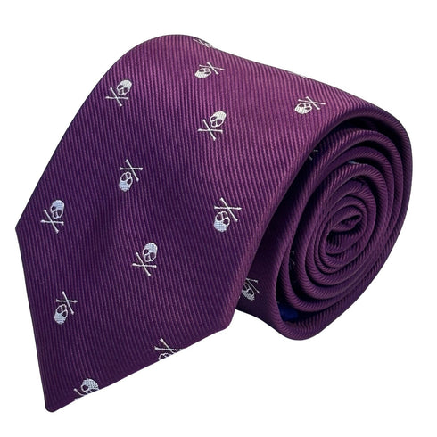 purple tie with white skull and crossbone design